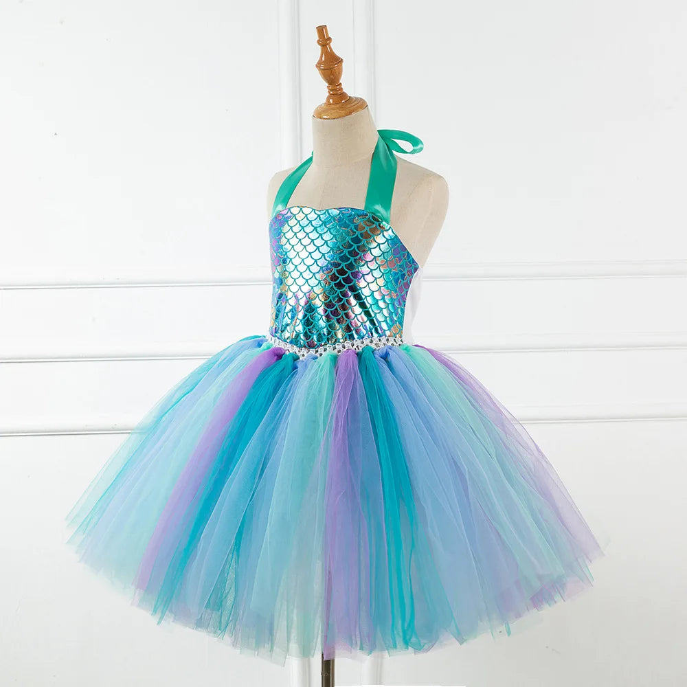 Kids Girls Cosplay Party Dress Princess Dress Up Mermaid Tulle Tutu Dresses Theme Birthday Party Costume with Flower Headband