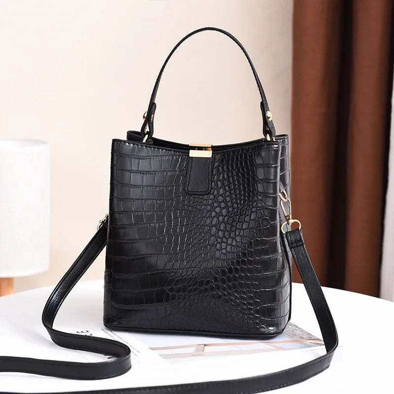 Crocodile Pattern Bucket Shoulder Bag | Large Capacity Handbag & Crossbody Purse Luxegan