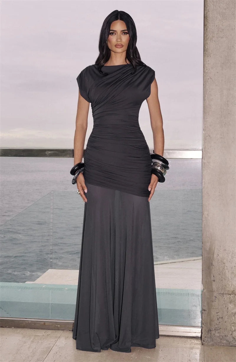 Women's Elegant Patchwork Mesh Maxi Dress | Sexy O-Neck Sleeveless Evening Gown | High Waist Slim Fit Ruched Club Party Long Dress | Premium High-Stretch Floor-Length Vestido Luxegan