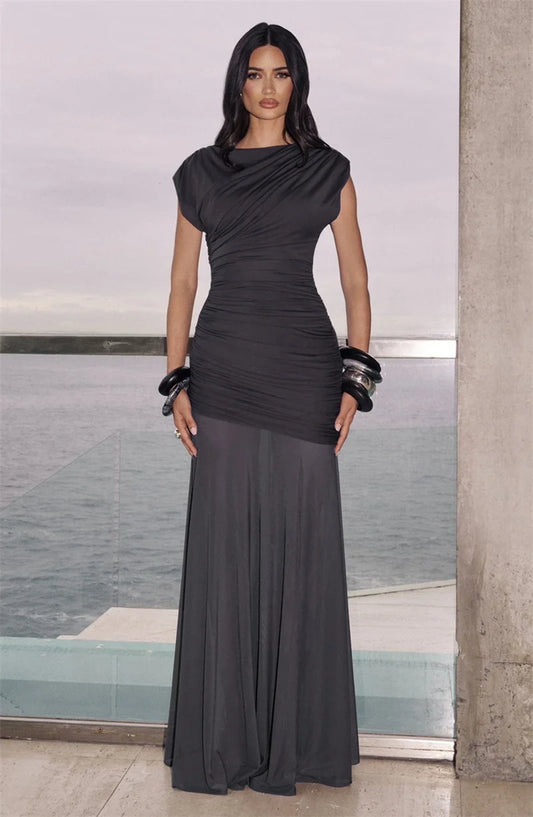 Women's Elegant Patchwork Mesh Maxi Dress | Sexy O-Neck Sleeveless Evening Gown | High Waist Slim Fit Ruched Club Party Long Dress | Premium High-Stretch Floor-Length Vestido Luxegan