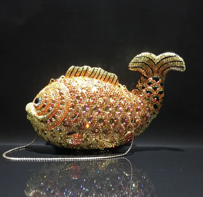 Women's Rhinestone Fish Evening Minaudiere Bag | Luxury Gold Stone Bridal Clutch Purse | Premium Metallic Hard Shell Wedding Handbag | Elegant Genuine Leather Lined Party Dinner Purse Model 01