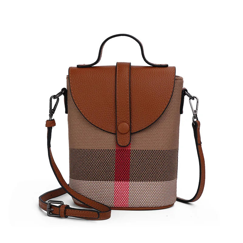 Fashionable Women's Mini Bag | Plaid Canvas & Genuine Cowhide Patchwork Handbag | Elegant Single Shoulder Crossbody & Portable Small Bag Luxegan