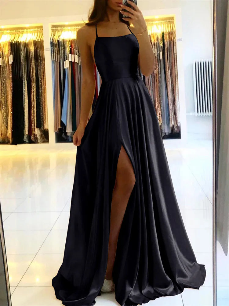 Solid Slash/Cowl Neck Sleeveless Lace-Up Strap Loose Fit A-Line Floor-Length Satin Dress – High Slit, Natural Waist, Summer