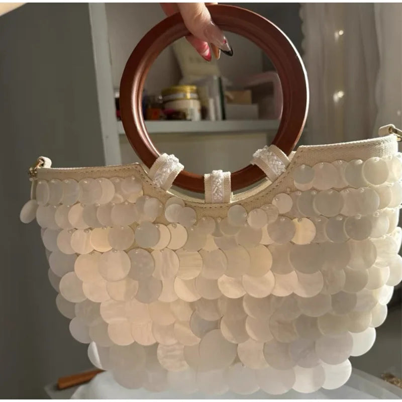 Fashion High-End Shell Bag | Niche Design Pearl Inlay Half-Moon Bag & Handmade Shell Beaded Handbag (New Versatile Crossbody) Luxegan