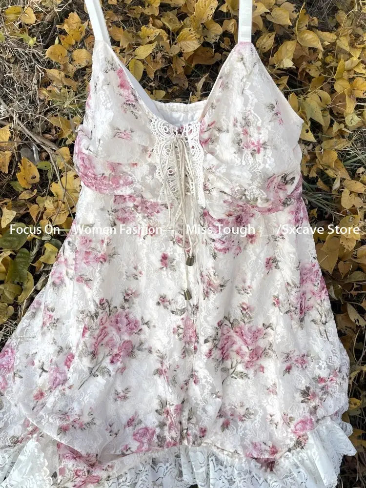 Women's Y2k Lolita Cute Mini Dress | Spicy Girls Floral Style Lace-Up Summer Dress | Elegant Square Collar Ruffle Slim Fit Vestido | Premium Tatting Regular Fit A-Line Dress Model QZ6007 Luxegan