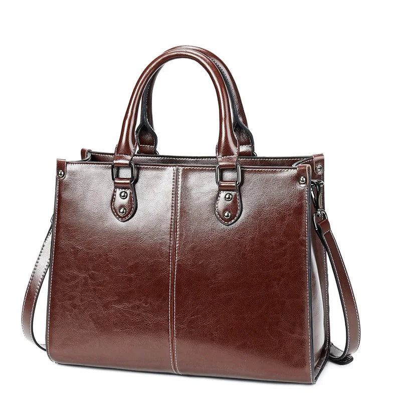 Genuine Leather Crossbody Shoulder Tote | Sophisticated Real Cowhide Fashion Handbag | Elegant Office Top-Handle Messenger | "Dignified" Soft Leather Box Bag for Versatile Professional Styling Luxegan