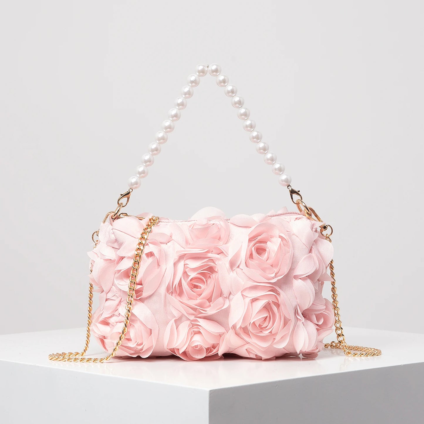 Polyester Floral Square Bag | Soft Elegant Rose Flower & Faux Pearl Dinner Clutch Luxegan