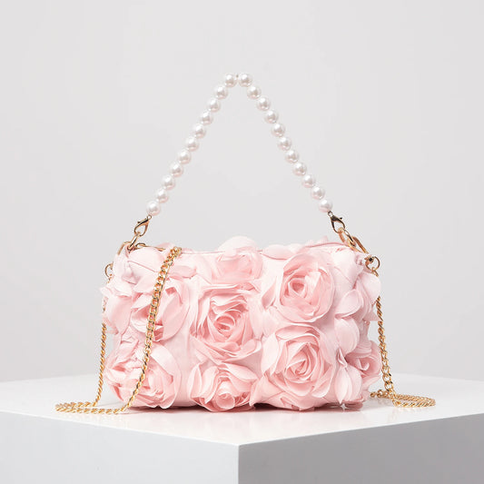 Polyester Floral Square Bag | Soft Elegant Rose Flower & Faux Pearl Dinner Clutch Luxegan