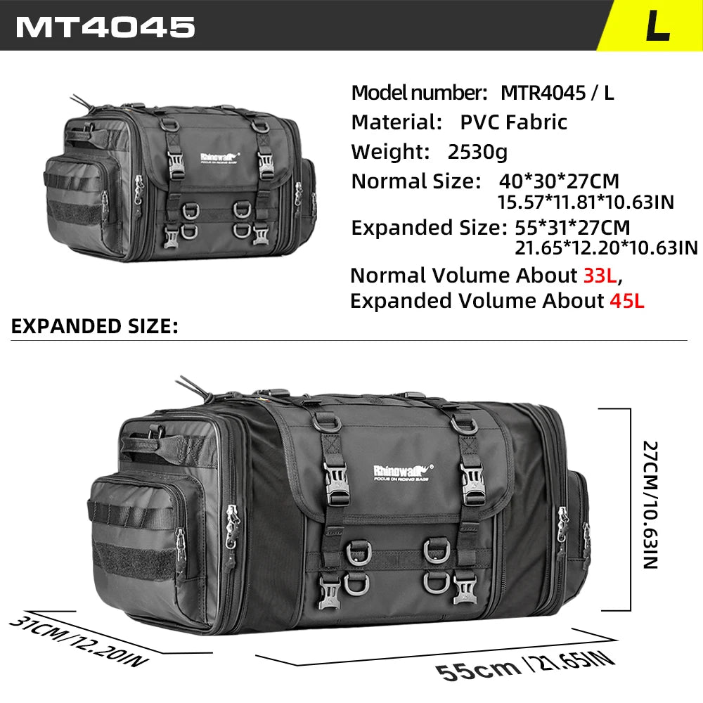 Motorcycle Rear Seat Travel Bag & Expandable Luggage | Heavy-Duty Waterproof Motor Tail Trunk Rack Bag | Premium High-Capacity 19L-80L Moto Storage | Models MT4026 / MT4045 / MT4060 / MT4080 Luxegan