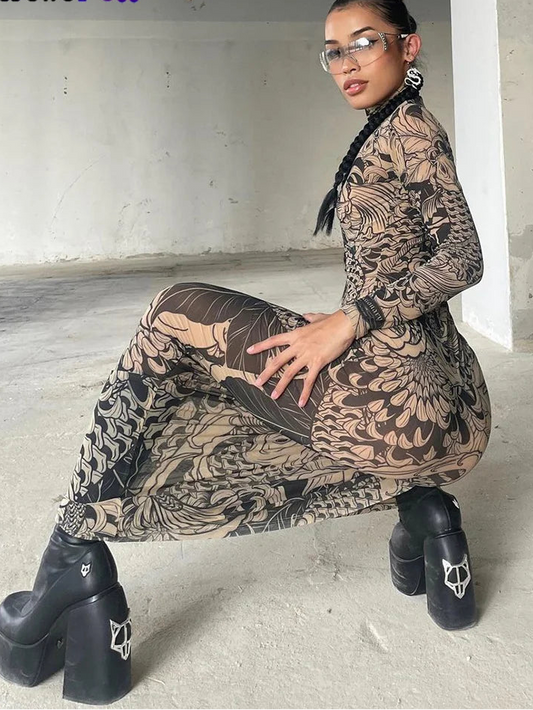 Mesh Print Bodycon Maxi Dress | O-Neck Full Sleeve Slim High Street Y2K Dress Luxegan
