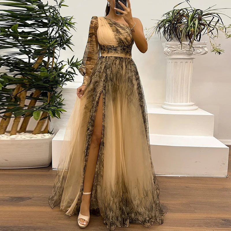 Women's Vintage Pattern Printed High Waist Long Dress | Sexy Asymmetric Mesh Evening Gown | Elegant One-Shoulder Full Sleeve Pleated Bridesmaid Dress | Loose Fit Ankle-Length Model 47881 Luxegan