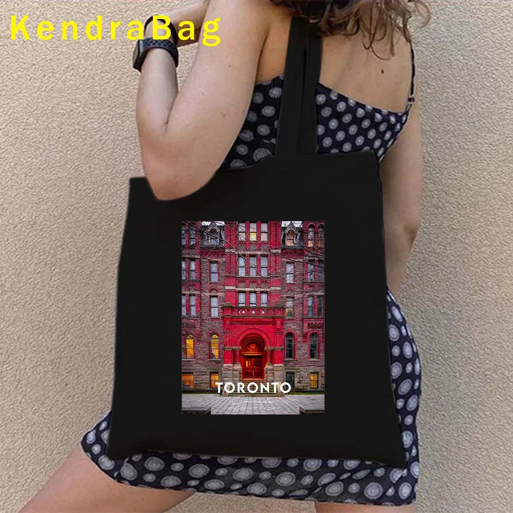 Canadian City Landscape Cotton Canvas Tote Bag | Happy Canada Day Tourist Gift | Reusable Eco-Friendly Shoulder Handbag (Women) Luxegan