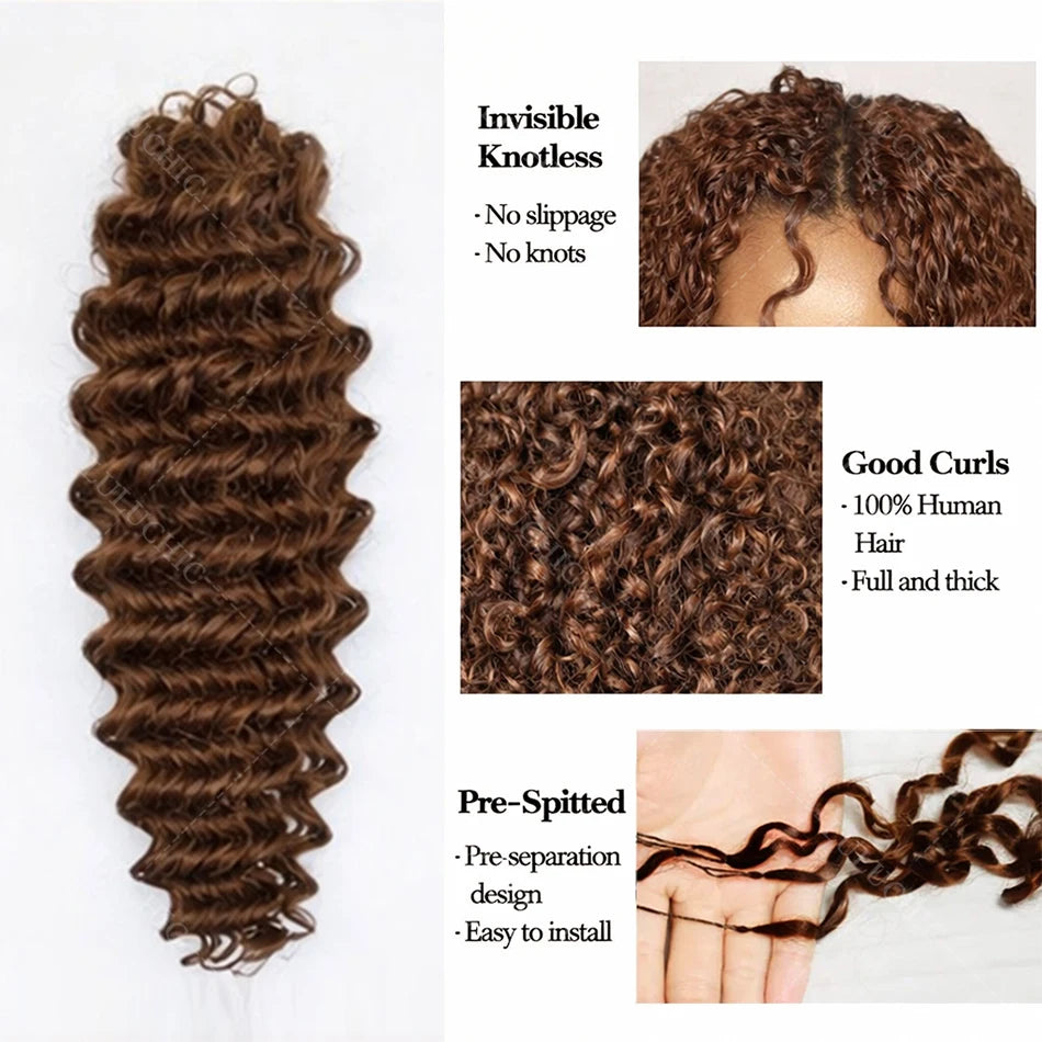 Chocolate Brown Feather Crochet Deep Wave Extensions | Sophisticated "Pre-Separated" Knotless Silhouette | Elegant "Brazilian Remy" Human Hair | "Dignified" Bohemian Braiding Hair for Radiant Versatile Styling Luxegan