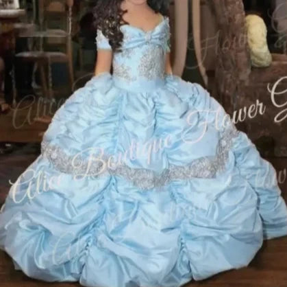 Retro Princess Lace Taffeta Flower Girl Dress | Vintage Beaded Pageant Gown | Sleeveless O-Neck First Communion Ball Gown with Bow and Ruffles Luxegan
