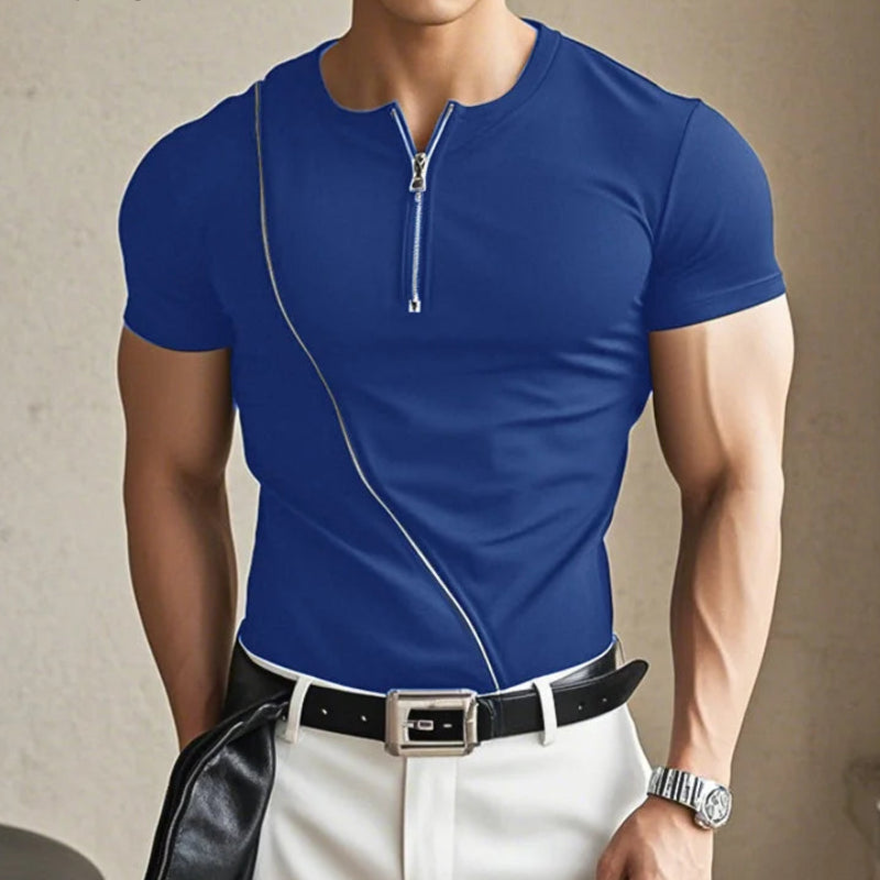 Half-Zipper Design T-Shirt | Sophisticated O-Neck Short-Sleeve Silhouette | Elegant "Spring and Summer" Handsome Camiseta | "Dignified" Lightweight Broadcloth Top for Radiant Versatile Styling Luxegan