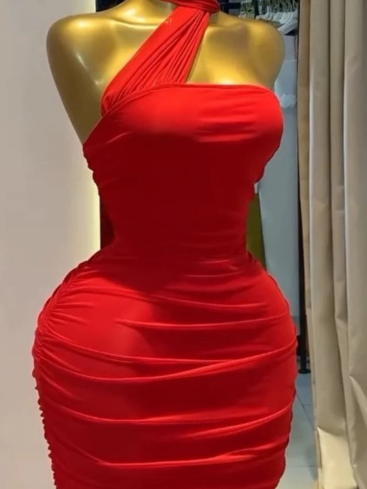 Sleeveless Stacked Ruched Bodycon Dress | Sexy Scarf Collar Spaghetti Strap Mini Dress | Elastic Polyester Blend Empire Waist Pencil Dress | Autumn/Winter Street Parties Clubwear Luxegan