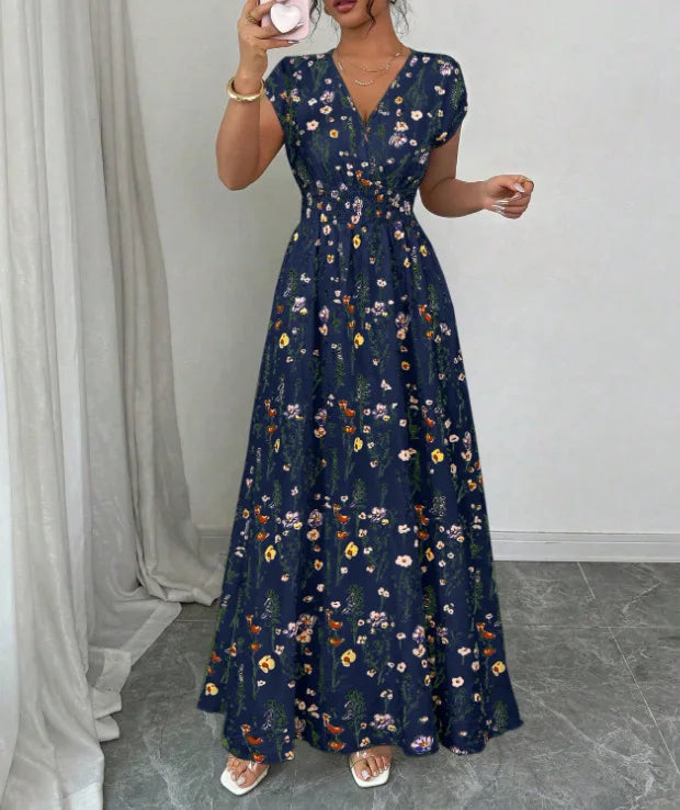 Print Casual V-Neck Short Sleeve Regular Fit Loose Knee-Length Dress – Polyester and Cotton, Natural Waist, Spring/Summer Luxegan