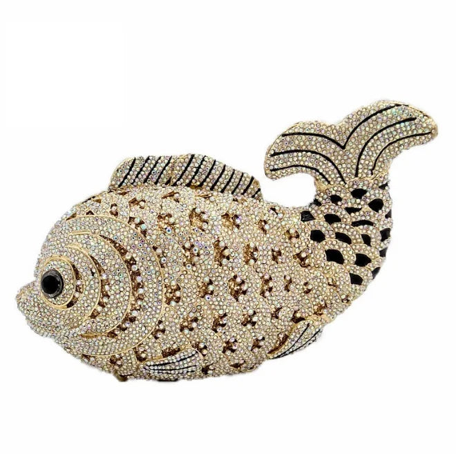 Women's Rhinestone Fish Evening Minaudiere Bag | Luxury Gold Stone Bridal Clutch Purse | Premium Metallic Hard Shell Wedding Handbag | Elegant Genuine Leather Lined Party Dinner Purse Model 01
