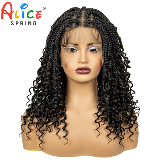 Full Lace Braided Lace Wigs Synthetic Knotless Box Braided Lace Wig with Curly Ends for Black Women Kinky Curly Braided Bob Wig Luxegan