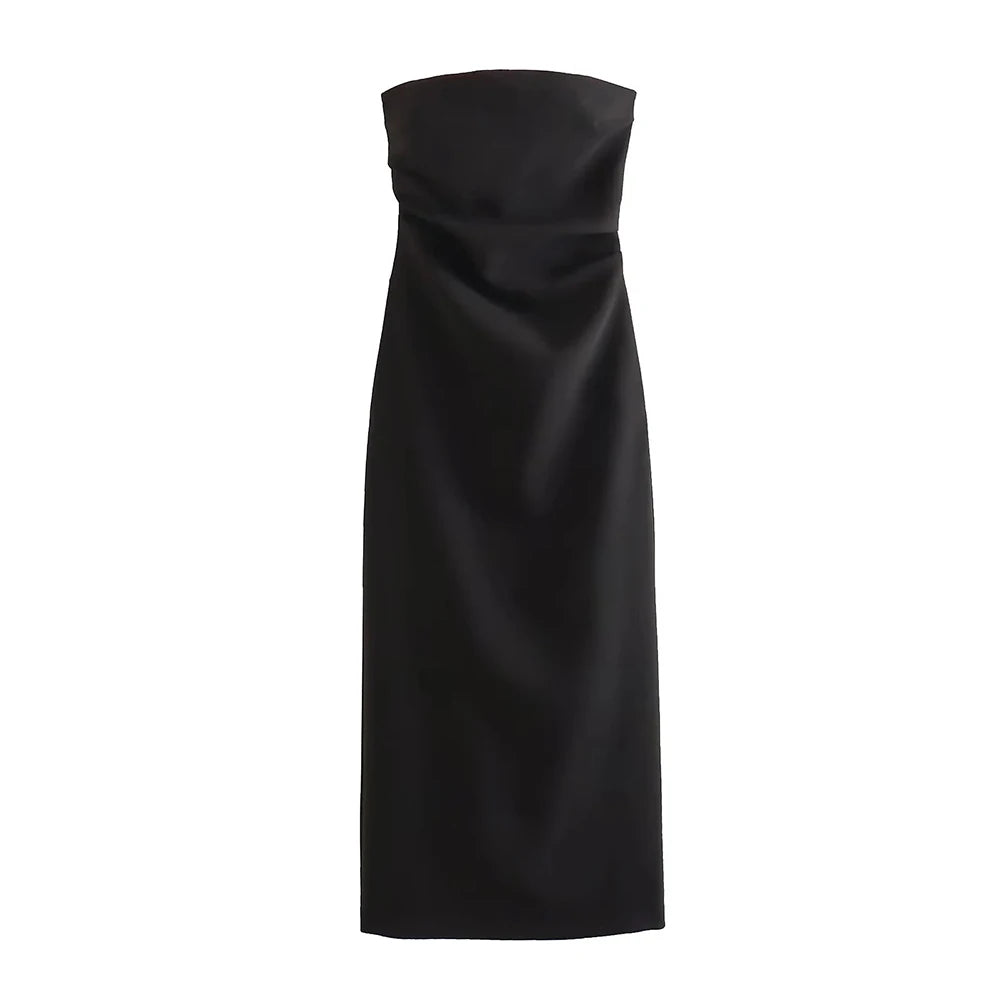 Strapless Gathered Straight-Neck Midi Dress | Solid Non-Stretch Back-Slit Cocktail Gown | Tailored Mid-Calf Regular Fit Dress Luxegan