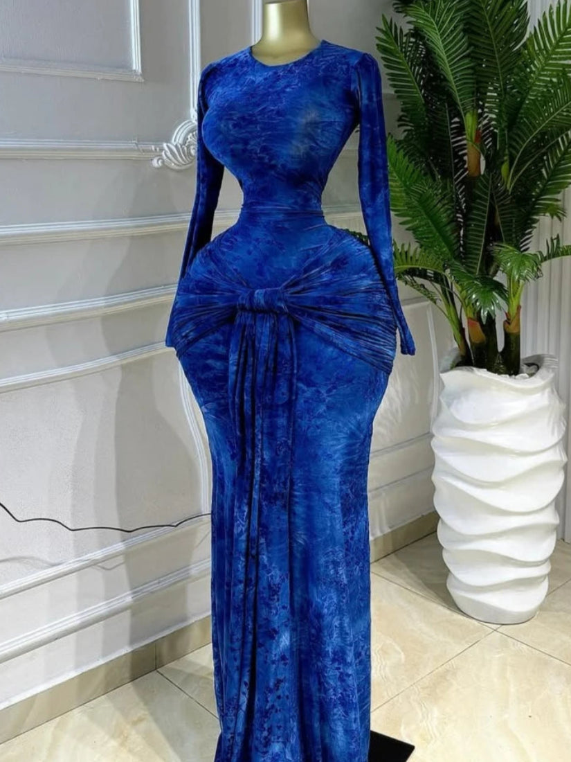 Ruched Print Mermaid Maxi Dress – Crew Neck, Long Sleeve, Empire Waist, Autumn/Winter Luxegan