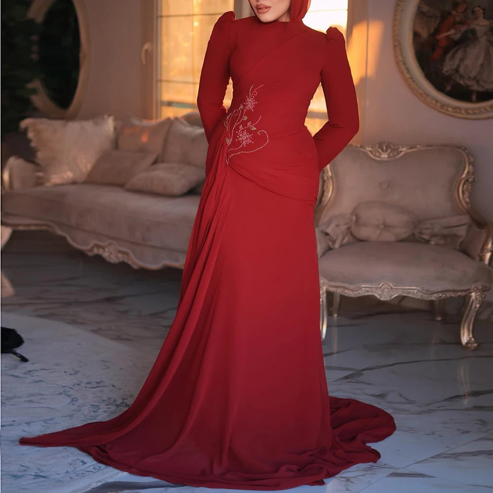  Floral Draped A-Line Evening Gown | High-Neck Full Sleeve Floor-Length Prom Dress Luxegan