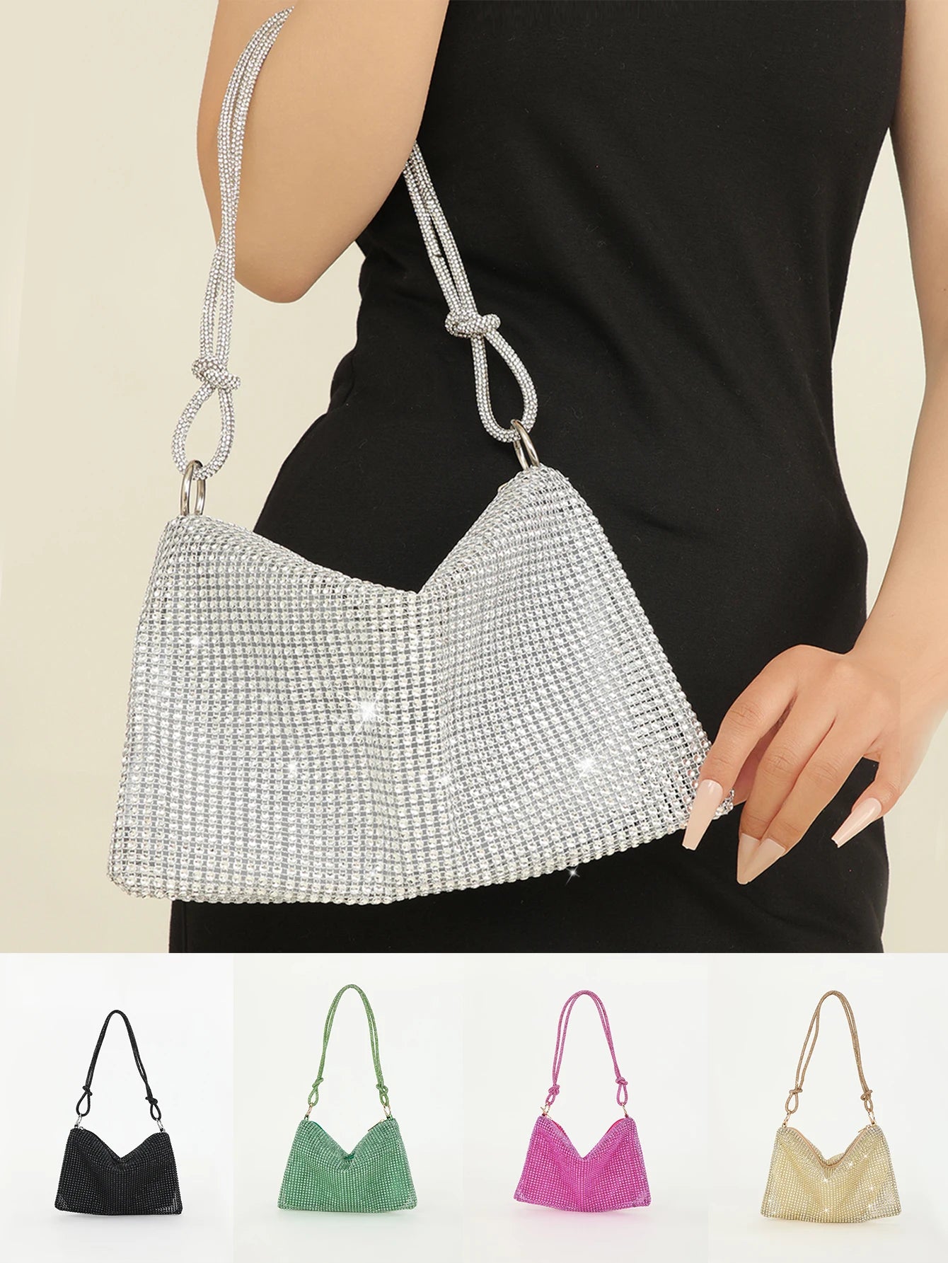 Shiny Rhinestone Woman Handbags | Underarm Crescent Evening Bag for Weddings, Parties & Gatherings (Sparkling Half Moon Purse) Luxegan