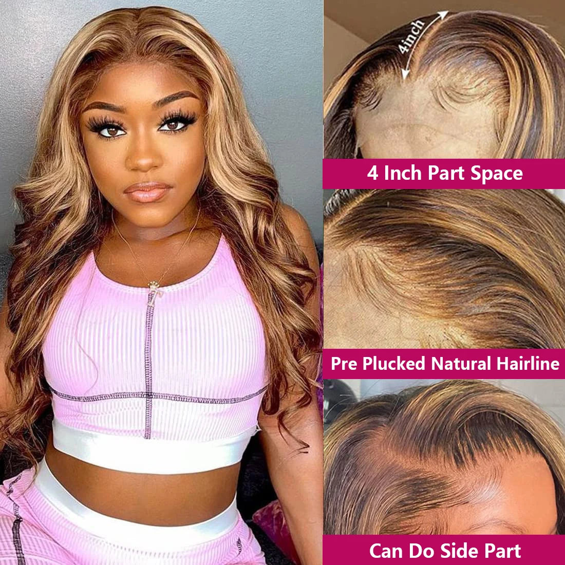 Honey Blonde Highlight Body Wave HD Lace Wig | Sophisticated 13x6 Transparent Frontal | Elegant "Brazilian Remy" Silhouette | "Dignified" Pre-Plucked Ombre Colored Human Hair for Radiant Versatile Styling Luxegan