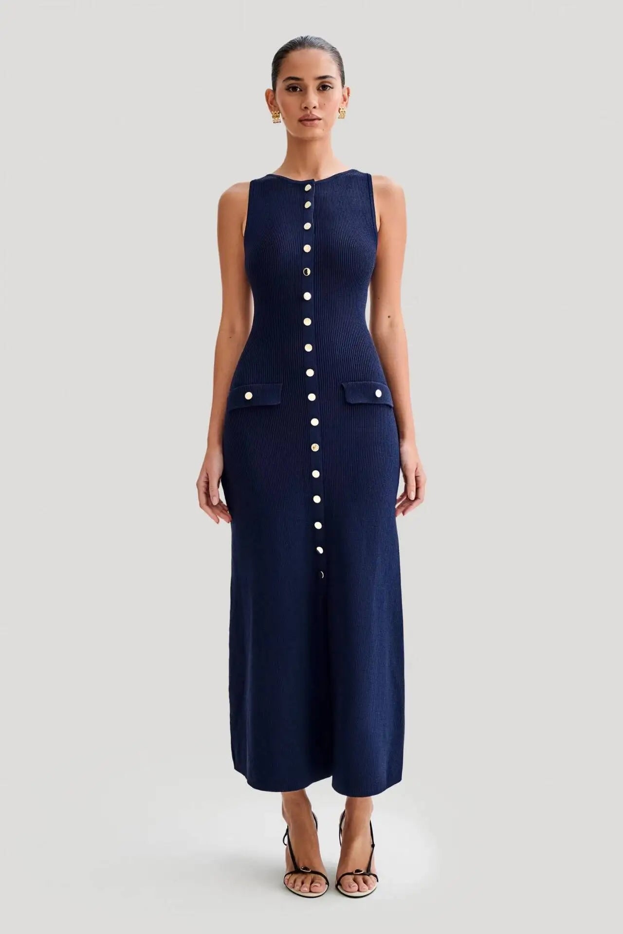 Sleeveless Button-Trim Sheath Maxi Dress | O-Neck Slim Fit Office & Vintage Dress Luxegan