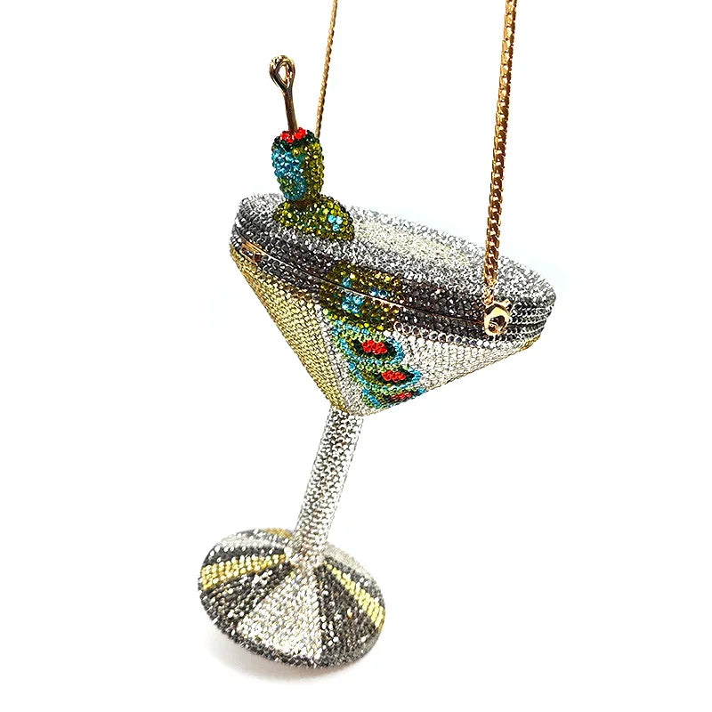Stunning Rhinestone Martini Glass Purse | Sophisticated Luxury Crystal Olive Cocktail Bag | Elegant Bridal & Evening Party Clutch | "Dignified" Hard-Shell Metallic Minaudière for High-Fashion Styling Luxegan
