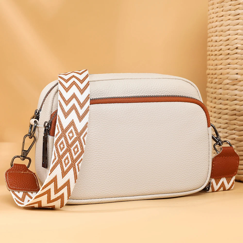 Genuine Leather Wide Strap Shoulder Bag | Solid Color Crossbody & Phone Bag Luxegan