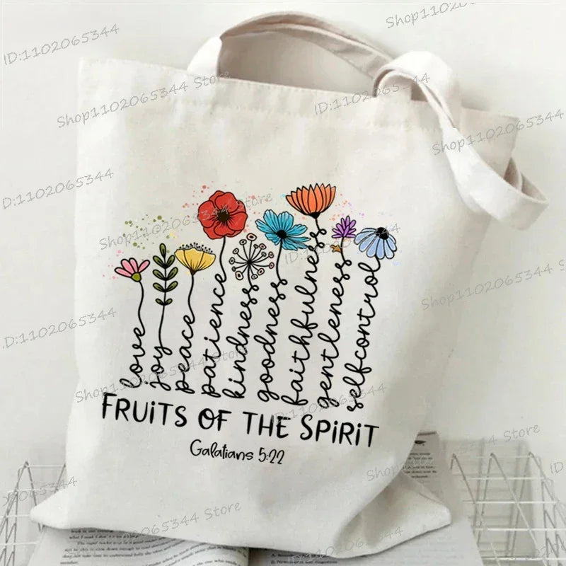 Vintage Wildflower Canvas Tote Bag | "Fruits of The Spirit" Religion Faith Shoulder Bag | Bohemia Casual Handbag for Teenagers (Unisex) Luxegan