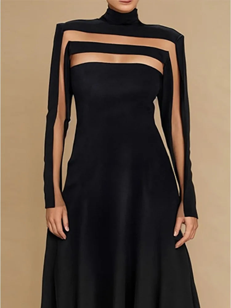 Turtleneck Long Sleeve Mesh See-Through High Waist Flared A-Line Maxi Gown | Elegant Evening Party Dress Luxegan