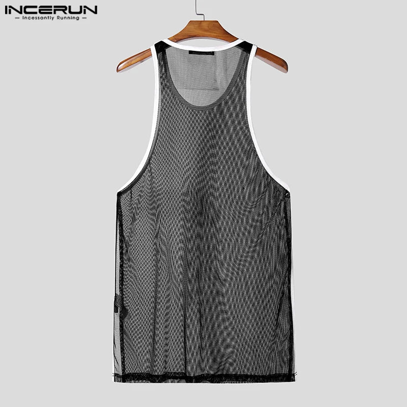 INCERUN Hombre Camisetas de Tirantes Malla Retazos Cuello Redondo Sin Mangas Chalecos Masculinos Transparentes Sexy Huecos Ropa de Hombre Ropa de Calle Verano