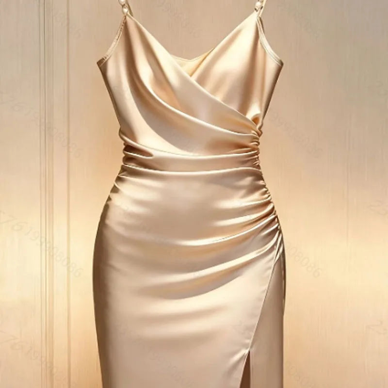 Beaded Spaghetti Strap Midi Dress – V-Neck, Slim Sheath, Natural Waist, Summer Luxegan