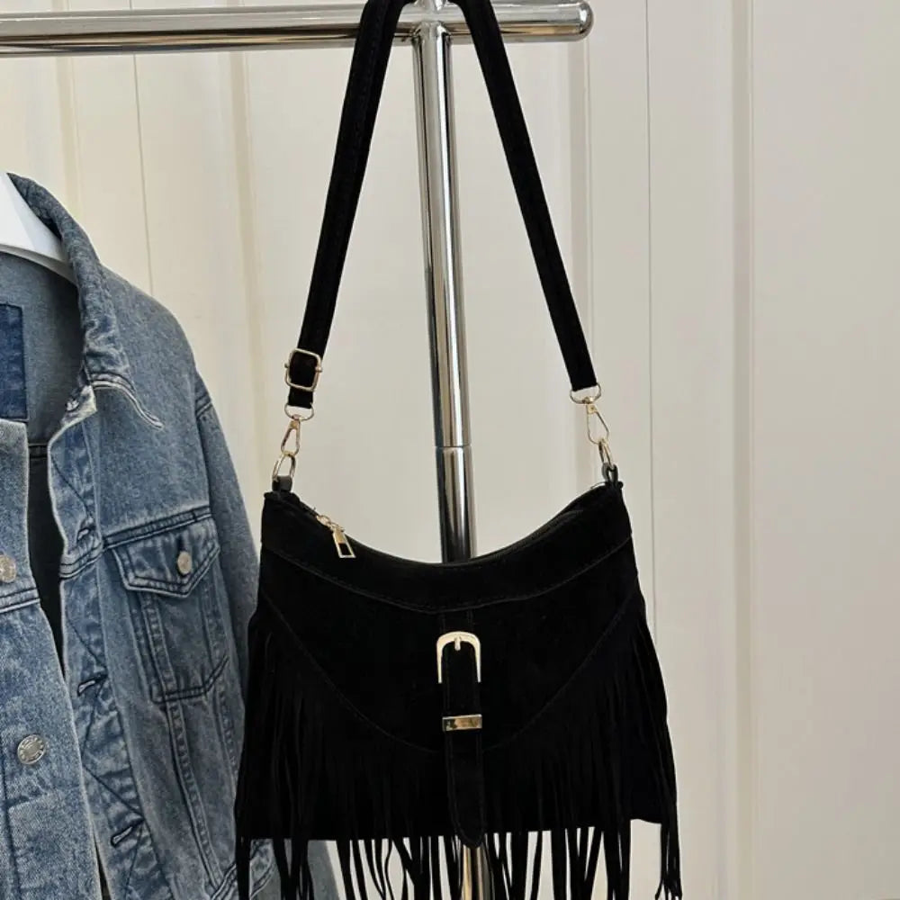 Casual Korean Tassel Shoulder Bag | Solid Color Suede & PU Leather Underarm Pack | Ethnic Bohemian Style Travel Handbag (Women) Luxegan