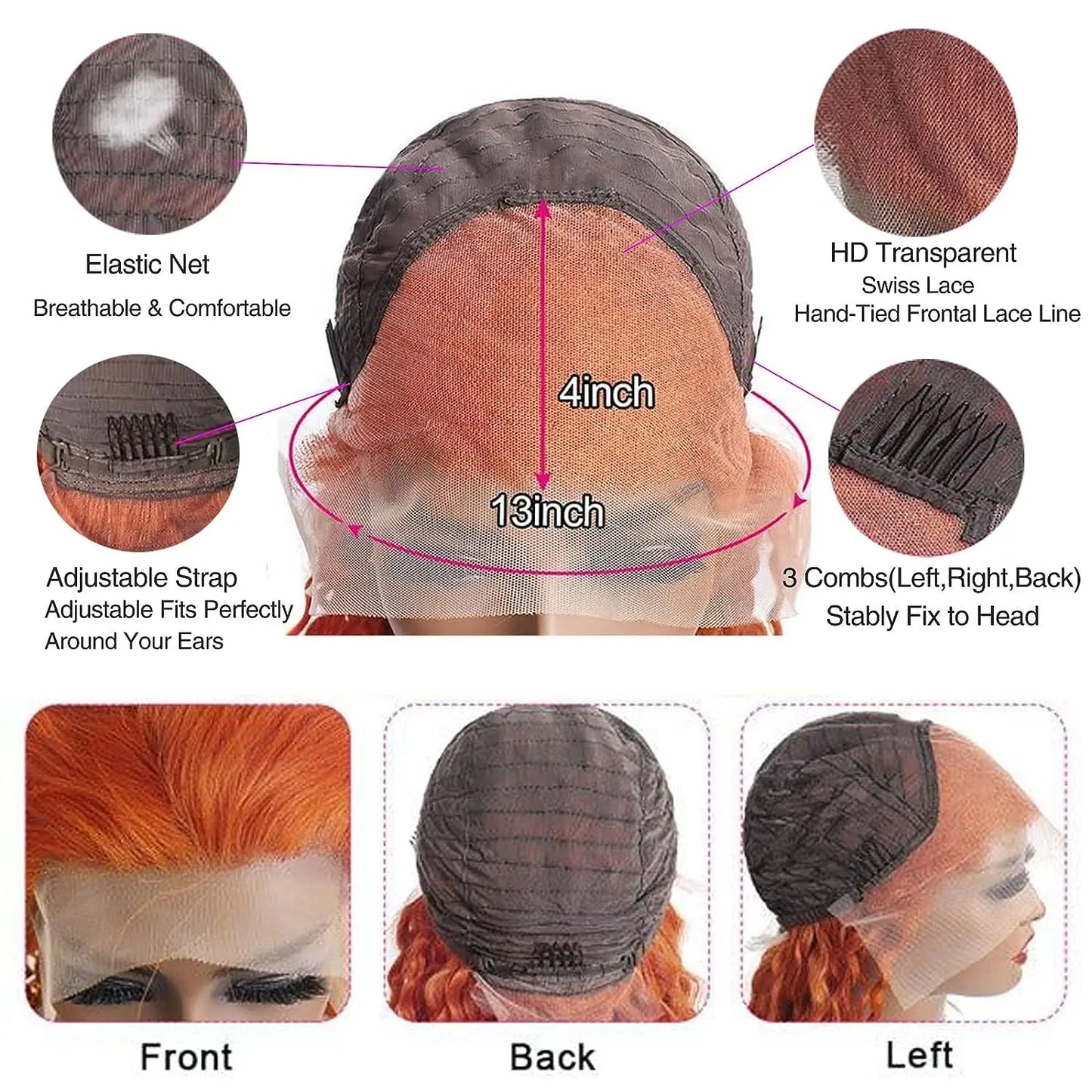 Ginger Orange Body Wave HD Lace Frontal Wig | 100% Brazilian Human Hair Glueless Wig | 30-40 Inch High-Density Pre-Plucked Transparent Swiss Lace Frontal Wig Luxegan