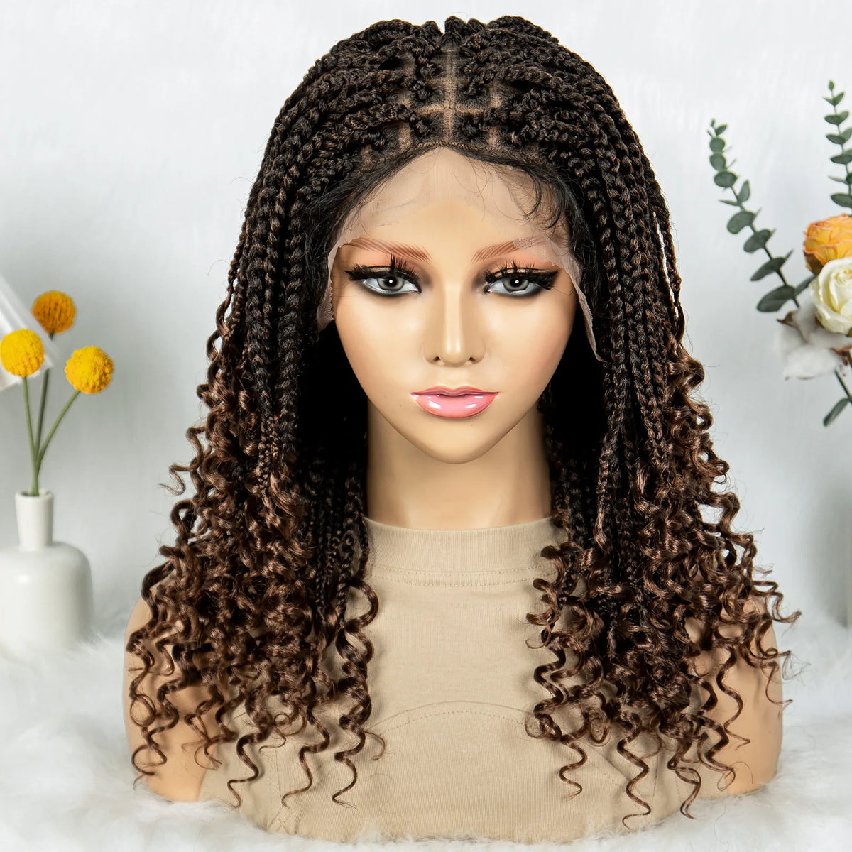 16 Inch Boho Knotless Box Braided Wig | Full Lace | Curly Ends