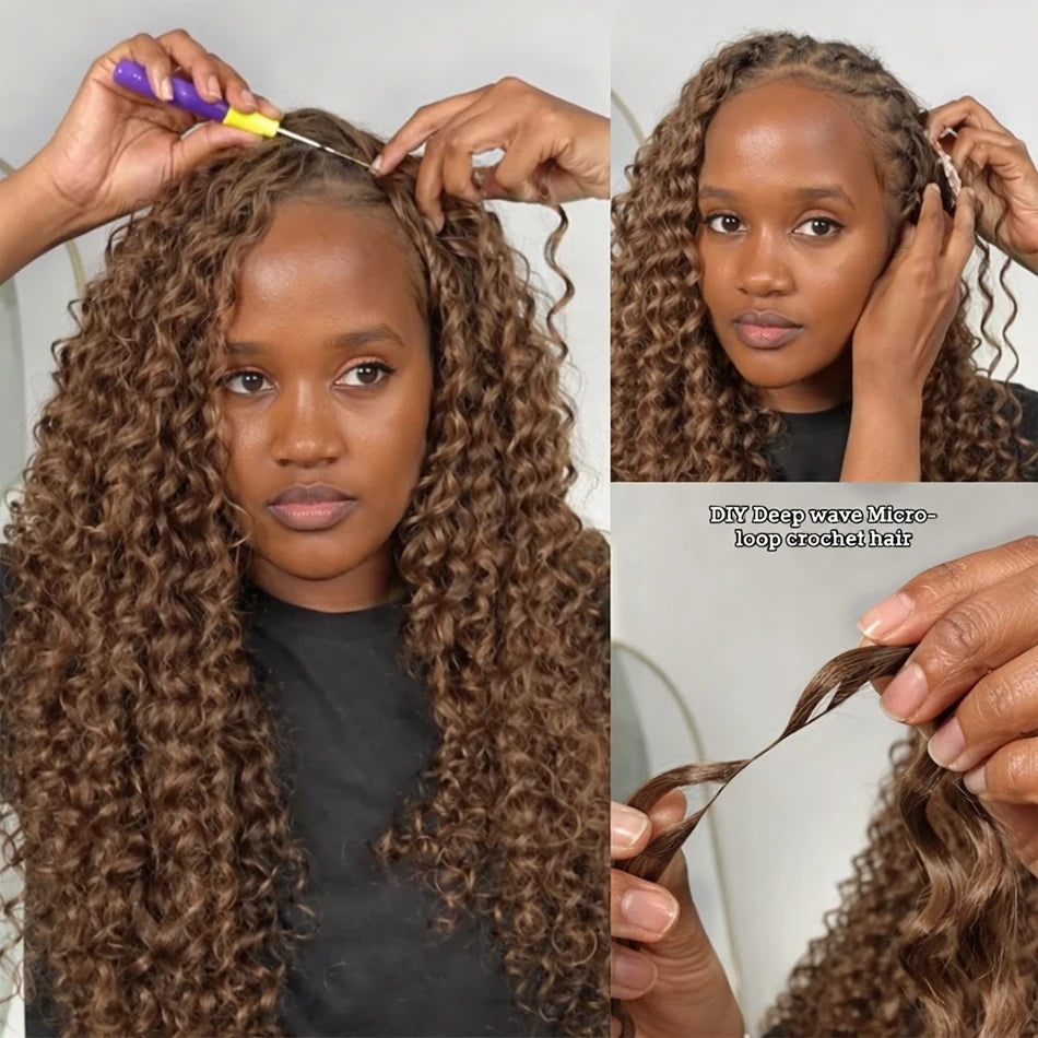 Brown & Honey Blonde Burmese Deep Curly Crochet Human Hair | Sophisticated 12A Invisible Knotless Pre-Separated | Elegant "Raw Virgin" 100% Brazilian Silhouette | "Dignified" Feather Crochet Extensions for Radiant Versatile Styling Luxegan