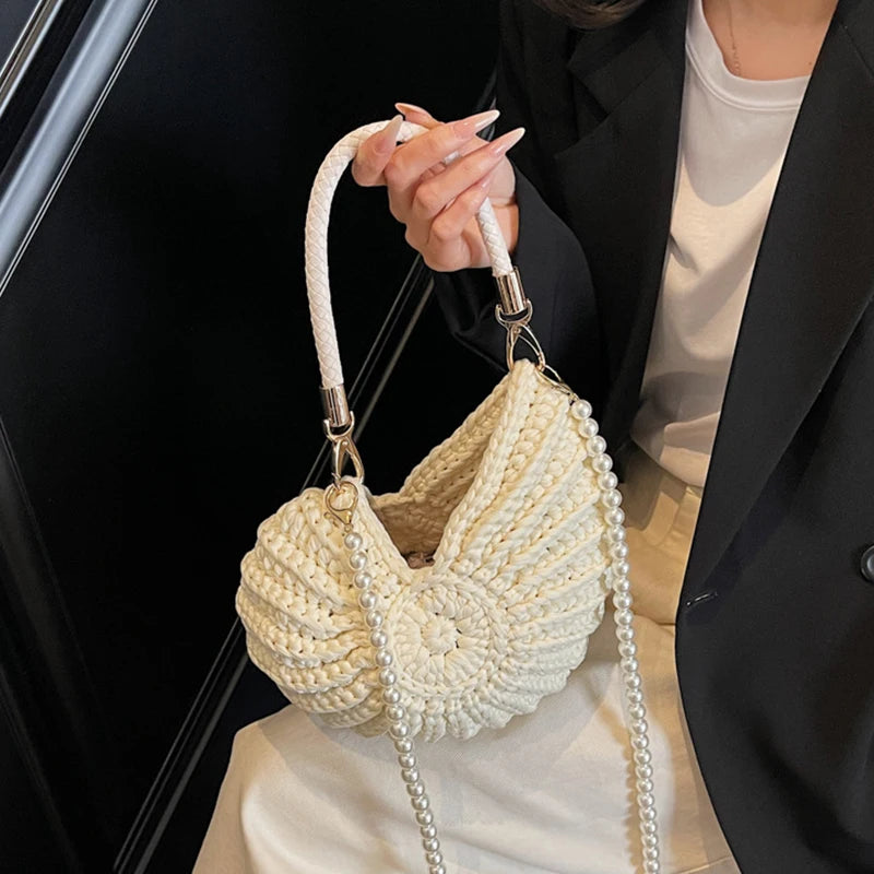 Cotton Hand-Woven Shell Bag | Luxury Pearl Chain Messenger Bag Luxegan