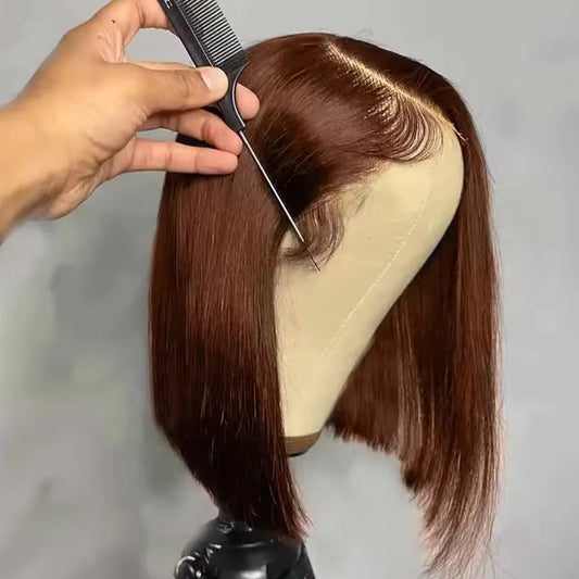 #4 Chocolate Brown Straight Bob Wig | Sophisticated 200% Density HD Transparent Lace Frontal | Elegant "Short Bob" Silhouette | "Dignified" Pre-Plucked Brazilian Remy Human Hair for Radiant Versatile Styling Luxegan
