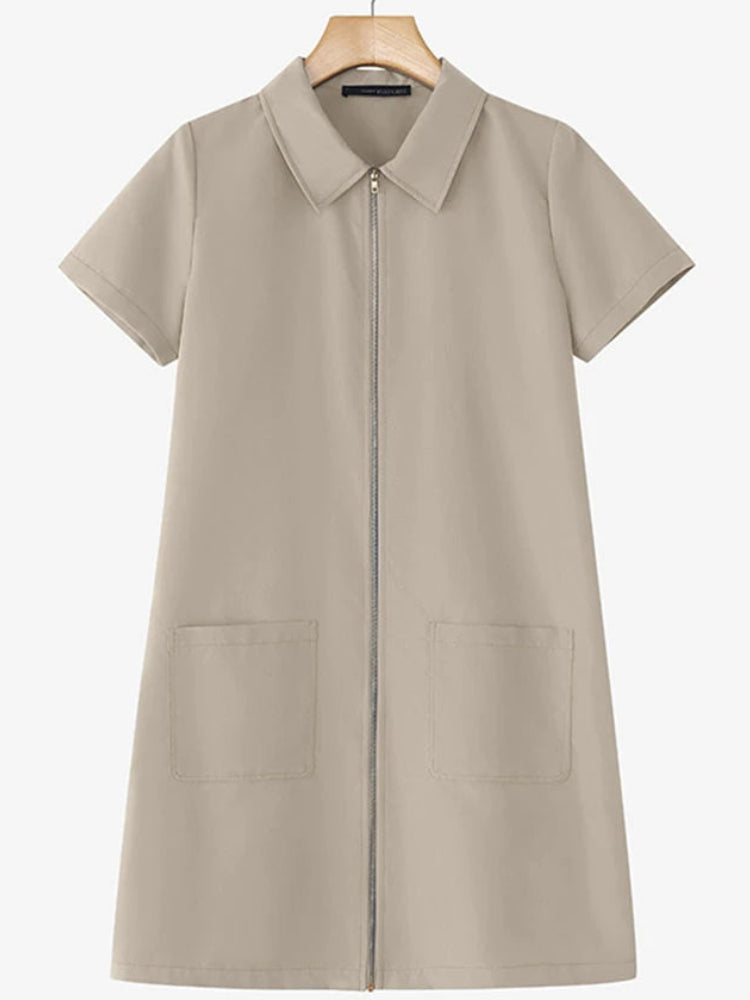 Lapel Collar Shirt Mini Dress | Short Sleeve A-Line Shirtdress with Pockets Luxegan