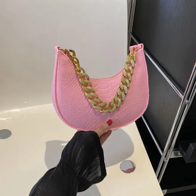 Fashion Women's Felt Handbag | Imitation Metal Chain Underarm Bag (Retro Ladies Solid Color Shoulder Bag, Trendy Casual Clutch Purse) Luxegan