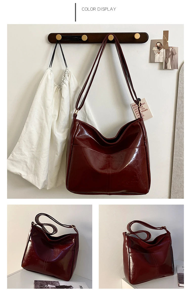 Red Large Capacity Oil Wax Leather Shoulder Bag | Bright Surface Women's New All-match Tote Bags | Casual High Quality Handbag Luxegan