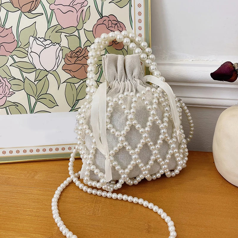 Luxury Pearl Women’s Bucket Tote | Sophisticated Woven Pearl Crossbody Bag | Elegant Small Wallet Handbag | Fashion-Forward "Dignified" Drawstring Purse with Bow Decoration Luxegan