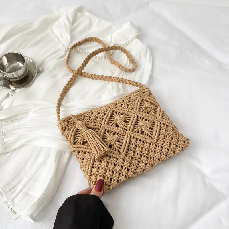 Summer Hollow-Knit Straw Bag | Sophisticated Tassel-Decorated Shoulder Messenger | Elegant Beach Travel Crossbody | "Dignified" Soft Cotton-Rope Pouch for Versatile Vacation Styling Luxegan