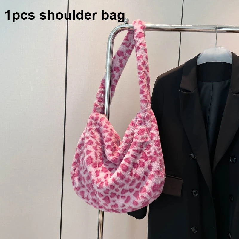 Cute Japanese Plush Fur Commuter Shoulder Tote Bag | Large Capacity Leopard & Polka Dot Pattern Flannel Handbag for Women Luxegan