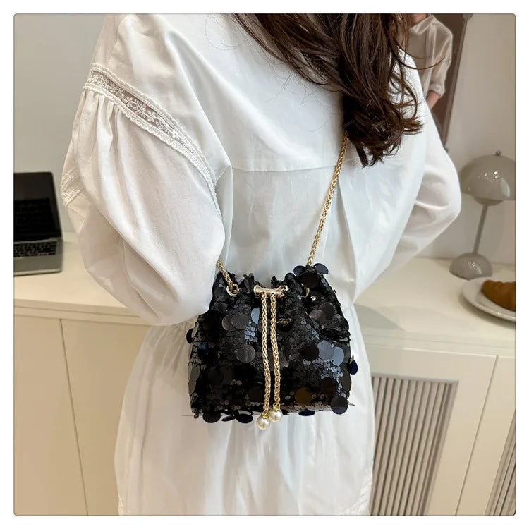 Sequin Chain Women's Portable Bucket Shoulder Bags | Retro Ladies Dinner Party Clutch Purse Luxury Design Female Crossbody Bag Luxegan
