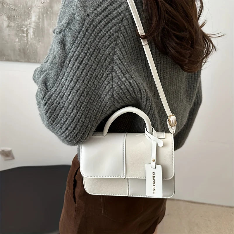 Elegant Geometric Patchwork Satchel Handbag | Vintage PU Leather Crossbody Shoulder Bag | Versatile Soft Tote with Snap Buckle Closure | Everyday Fashion Accessory for Women Luxegan