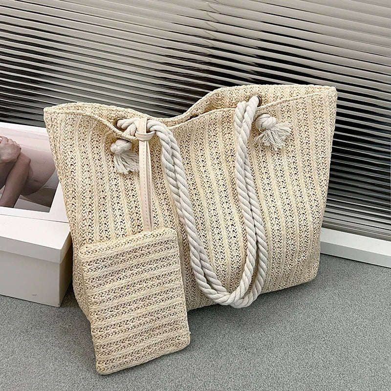 Designer Women’s Straw Tote | Sophisticated Large Capacity Beach Bag | Elegant Casual Bali-Inspired Purse | Luxury "Dignified" Woven Straw Handbag with Secure Hasp Closure Luxegan